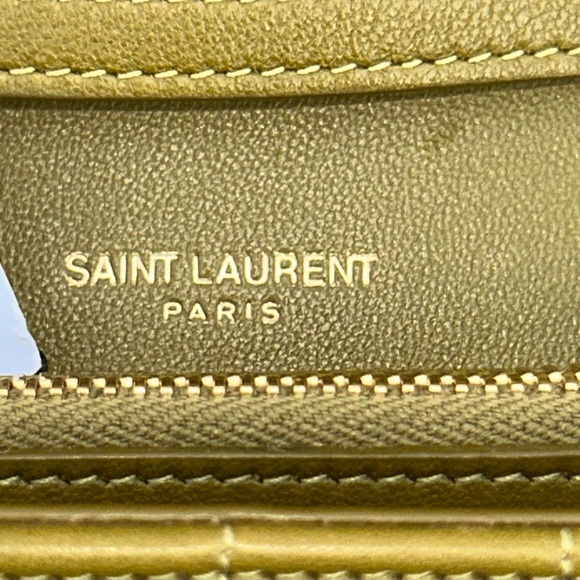 SAINT LAURENT CASSANDRE LARGE WALLET ON CHAIN QUILTED LEATHER GREEN GOLD NEW! - Picture 12 of 16